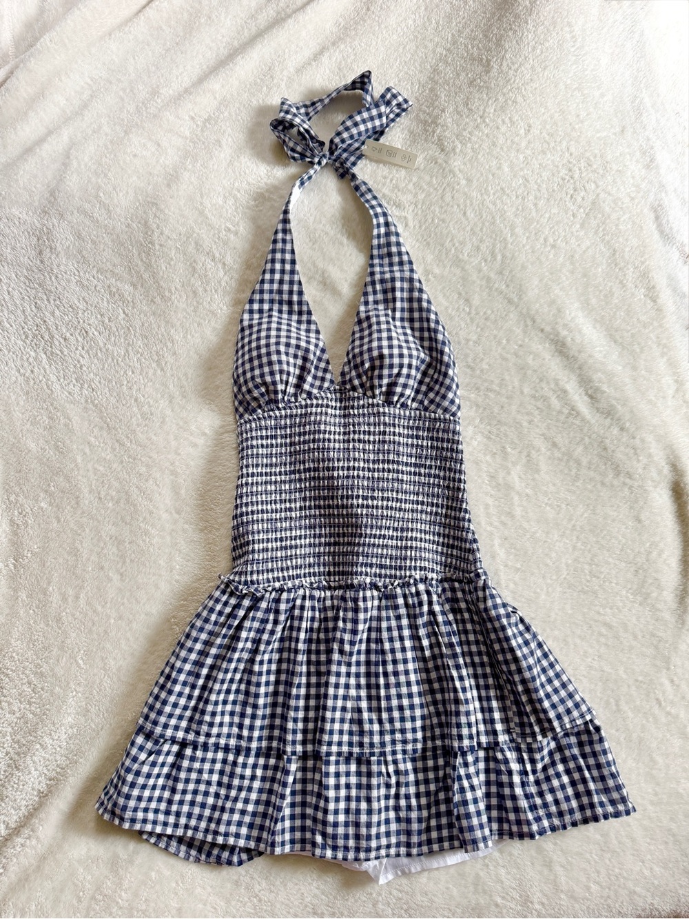 Hollister Double-Tier Smocked Halter Skort Dress Navy Gingham S NWT